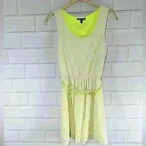 Express White Lace Belted Dress Neon Yellow Lining